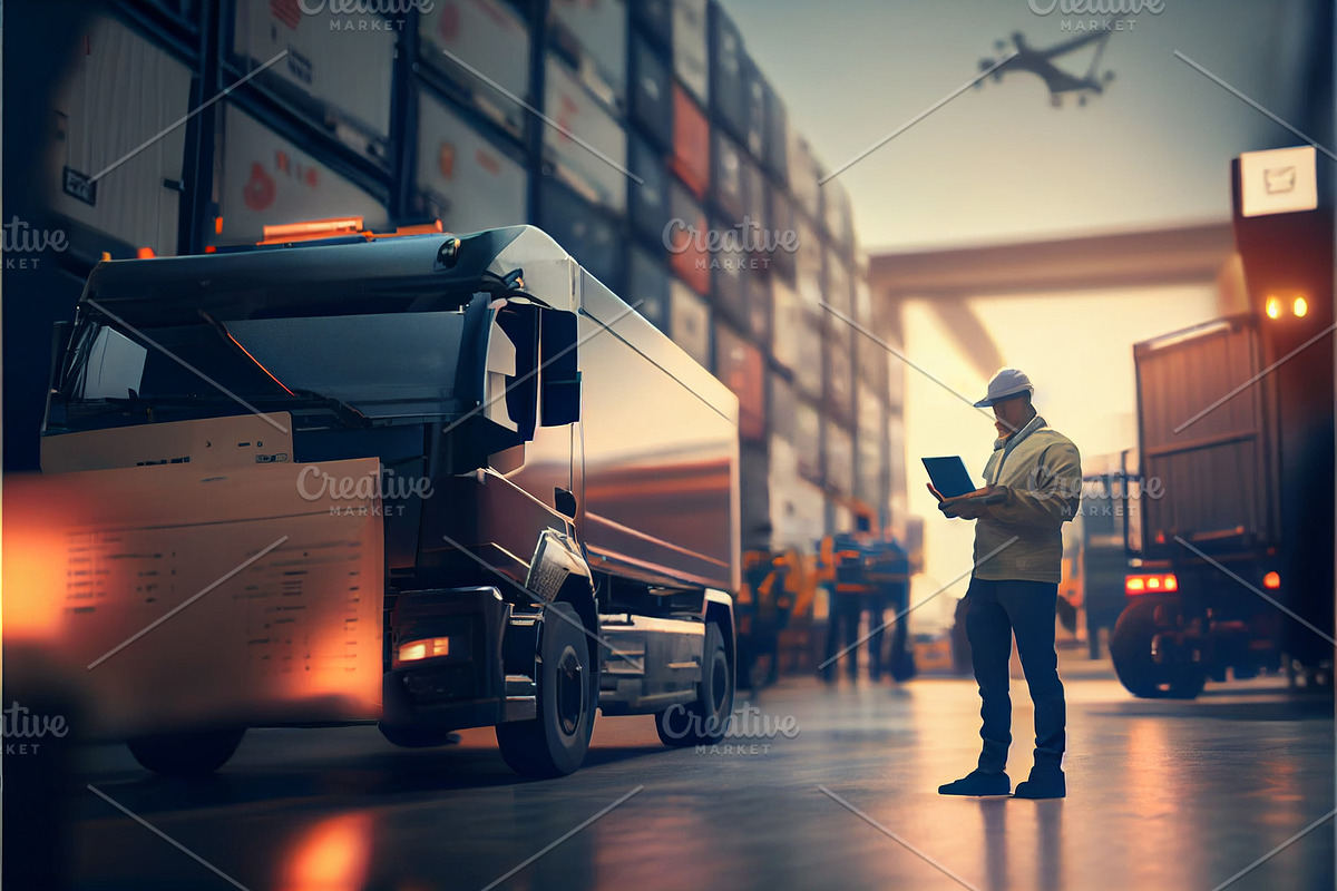 Manager warehouse Worker checking and loading produ, a Technology Illustration by Olyryk & Aglo
