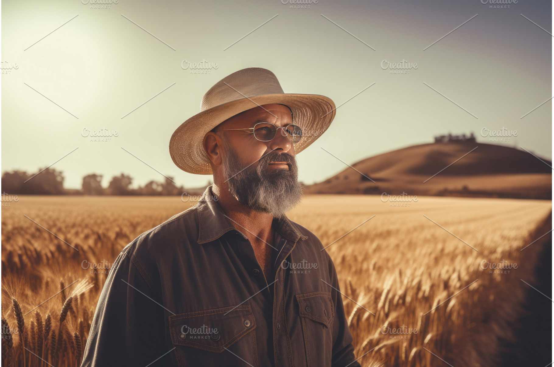 Farmer with hat standing in ripe, an Animal Photo by Ylivdesign