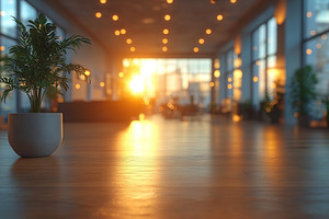 Modern business space with sunset lighting and indoor plants, an Architecture Photo by AlyaAnd