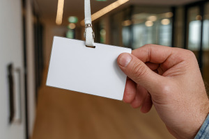 A male hand holding a blank ID badge in a modern office hallway, symbolizing id, a Business Photo by ImageMir