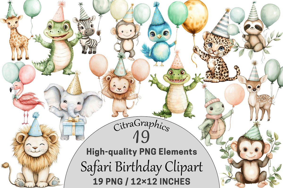 Watercolor Safari Birthday Clipart, a Seasonal Illustration by CitraGraphics (Photo 1 of 3)