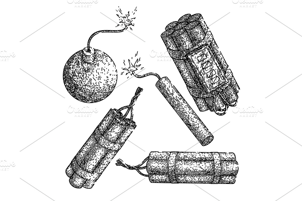 dynamite bomb tnt set sketch hand, an Object Illustration by pikepicture