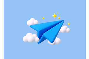 3d paper airplane with clouds, an Object Illustration by ModVector