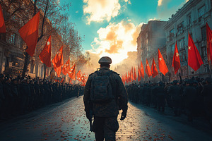 Soldier marches through a parade of, a Photo by Tanuart