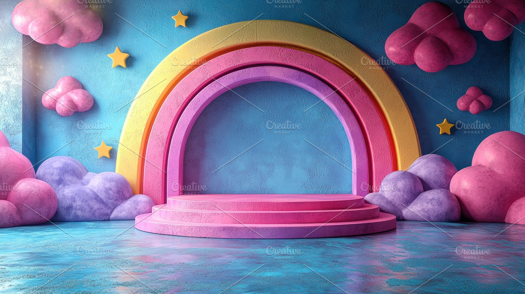 Whimsical pastel rainbow stage with colorful clouds and stars in, a Food & Drink Photo by José Manuel Gelpi