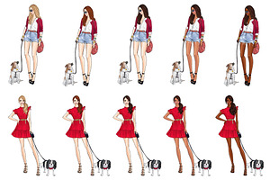 Girls With Dogs Fashion Clipart Set