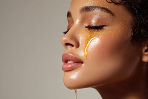 Close-up of a woman with honey dripping down her face, highlight, an Abstract Photo by Ales Munt