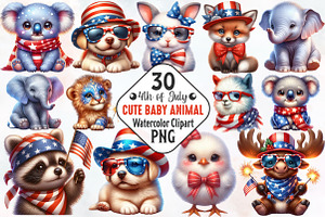 4th of July Cute Baby Animal Clipart, a Seasonal Illustration by RobertsArt