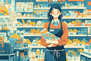 Smiling woman holding items in a colorful grocery store environment, an Illustration by AS photostudio
