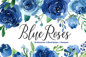 Blue Watercolor Roses Flowers Leaves, an Illustration by GraphicsDish