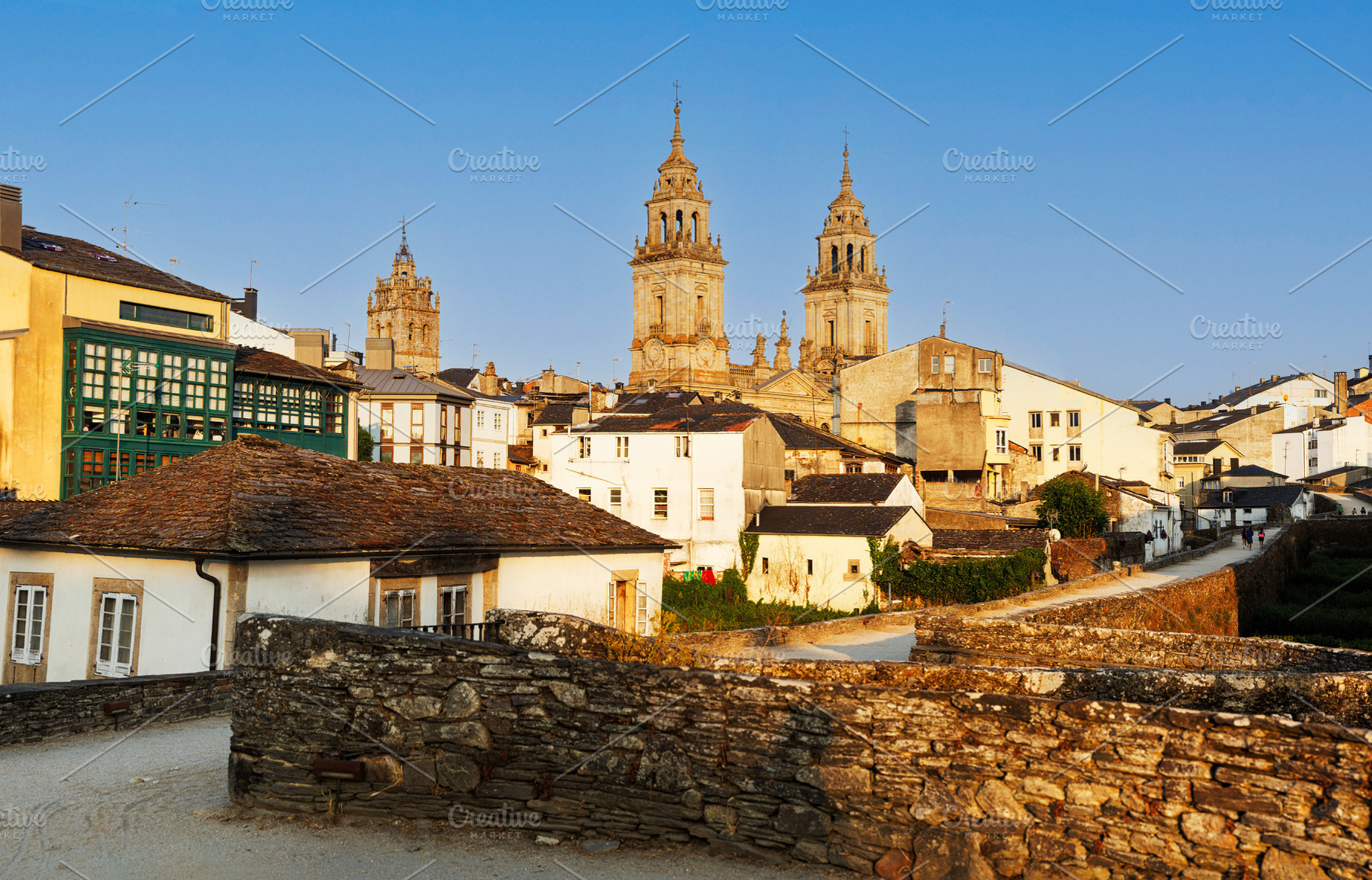 Historic Cityscape with Cathedral Towers and Stone Wall, Lugo, S, an Architecture Photo by Bepslabor
