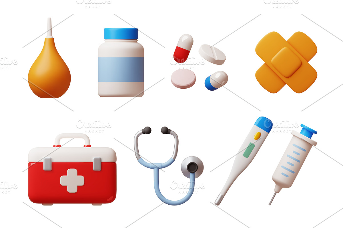 Cartoon 3d medical icons. First aid, an Object Illustration by YummyBuum