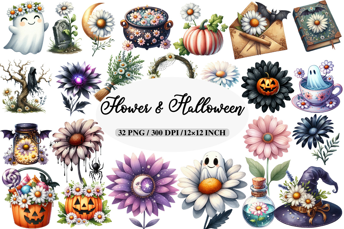 Daisy Flower & Halloween Clipart, an Illustration by Daily.Designs (Photo 1 of 5)
