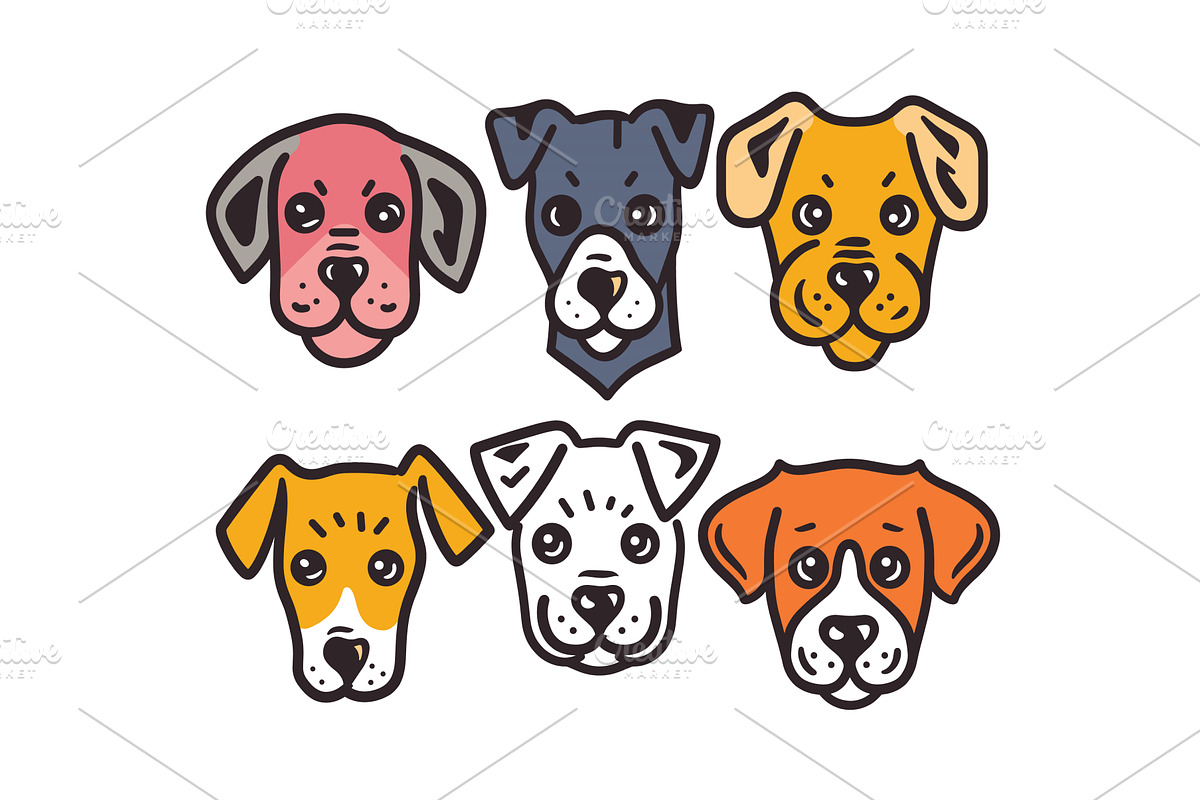 Six cartoon dog faces, different, an Animal Illustration by Vectorstockersland