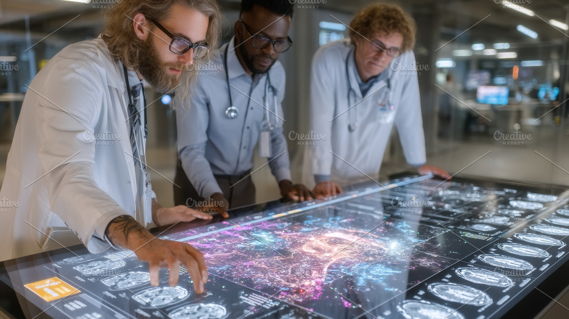 Doctors Analyzing Digital Brain Imaging Data on an Interactive Display in a Lab, a Health & Medical Photo by AS photostudio