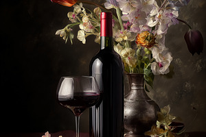 Still life creating romantic ambiance with red wine bottle, glass, and artistic, a Food & Drink Photo by Studio ANNA