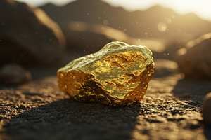 Large raw gold nugget on rough groun, a Nature Photo by professorinc