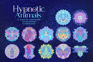 12 Hypnotic Animals. Vector Set.