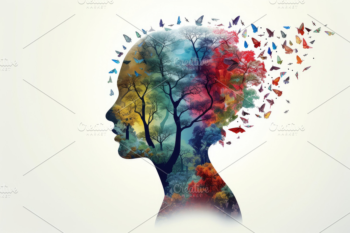 Mind's Nature: A Vibrant Tree of Thoughts Flourishing from Human Consciousness, a Healthcare Illustration by José Manuel Gelpi