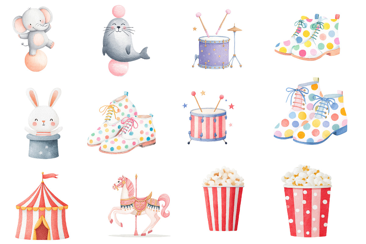 Watercolor cute circus clipart, an Illustration by Designworld (Photo 2 of 4)