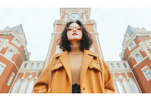 Asian woman in a stylish coat stands, a Person Photo by Sergey Kotenev