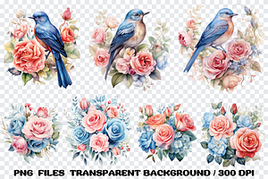 Flowers Bird Roses Coral And Blue