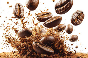 Coffee beans exploding into ground c, a Food & Drink Photo by Pixeness Studio