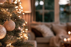 Elegant Christmas tree with warm lights in cozy living room