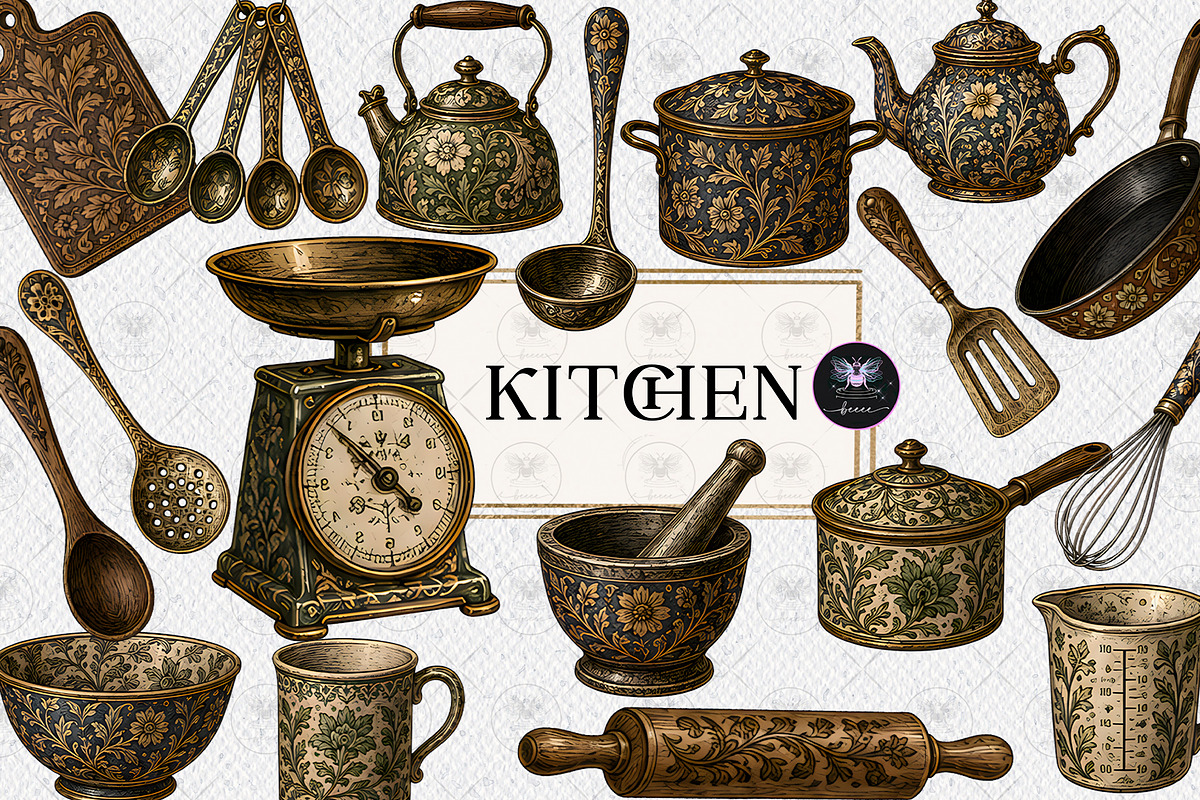Vintage Floral Kitchen Clipart, a Decorative Illustration by BigCakeBee (Photo 1 of 3)