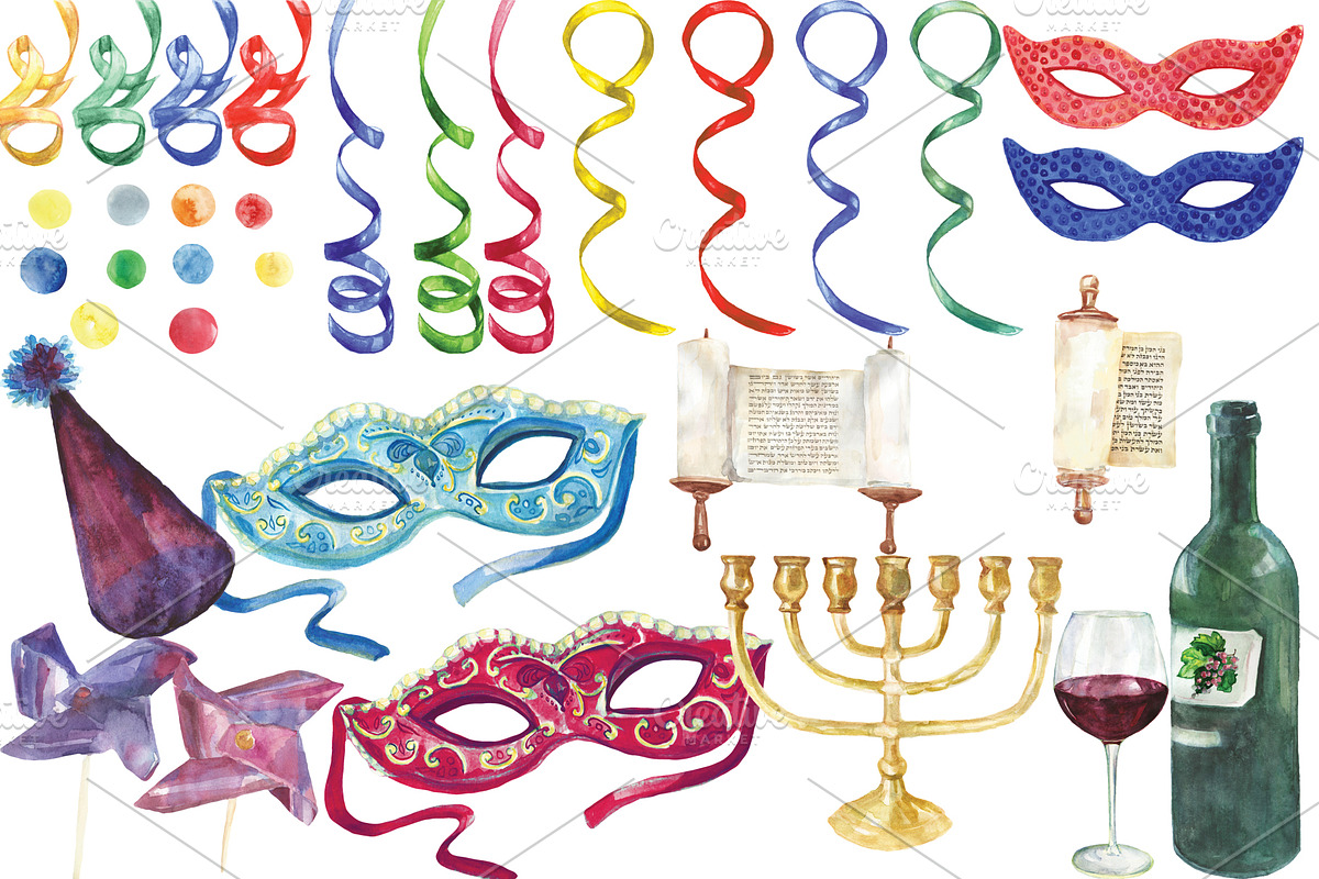 Happy Purim watercolor set, an Illustration by DollyPotterson (Photo 4 of 7)
