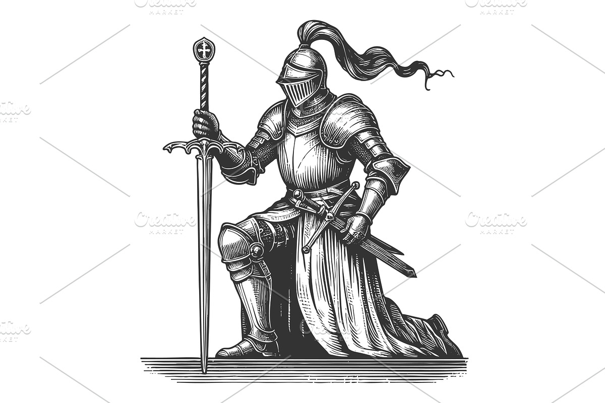Medieval knight kneeling with sword, an Illustration by AlexArt