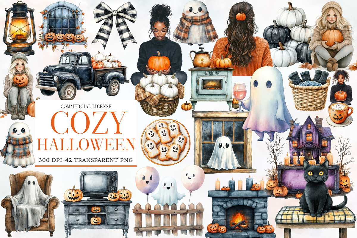 Watercolor  Cozy Halloween Clipart, an Illustration by Designworld (Photo 1 of 6)