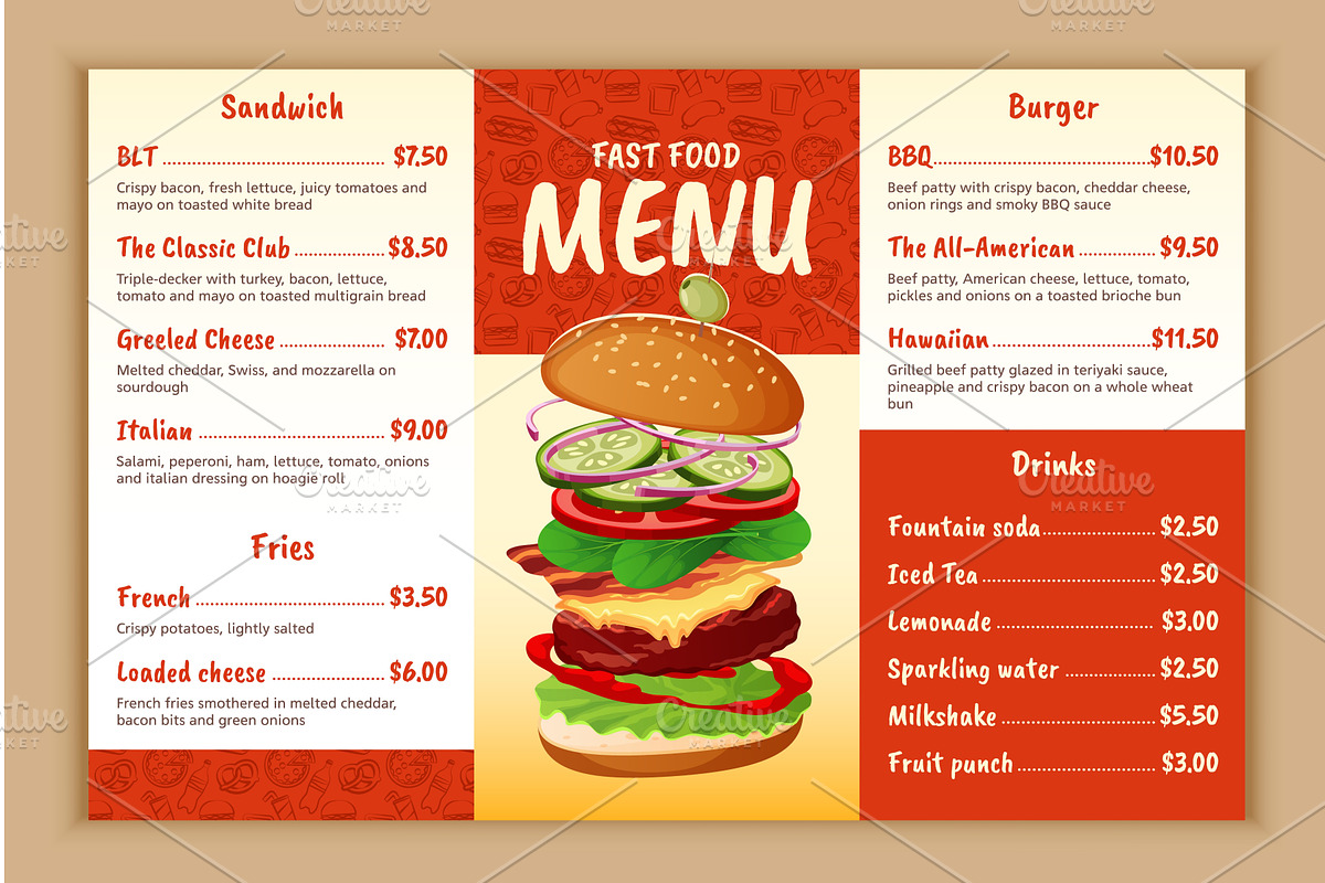 Fast food menu template. Restaurant, a Food Illustration by YummyBuum