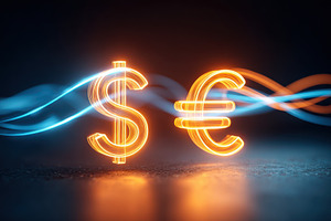 Glowing dollar and euro symbols with light trails, a Business Photo by AlyaAnd