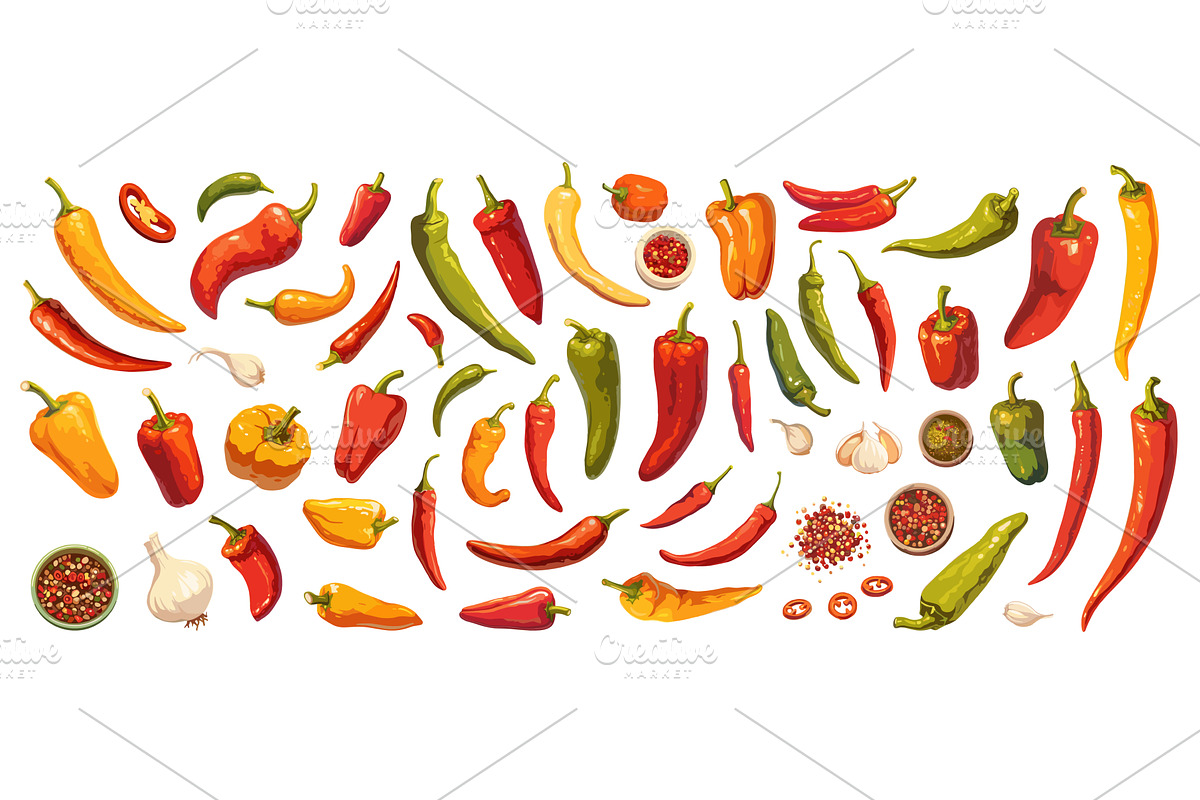 Cartoon hot pepper set. Red and, a Food Illustration by Stock-Smart-Start