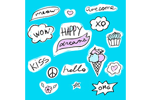 Fashion Set Of Text Stickers With Lettering - Happy Dreams, Hello, Meow, Wow And Kiss. Ice-cream And Cupcake.