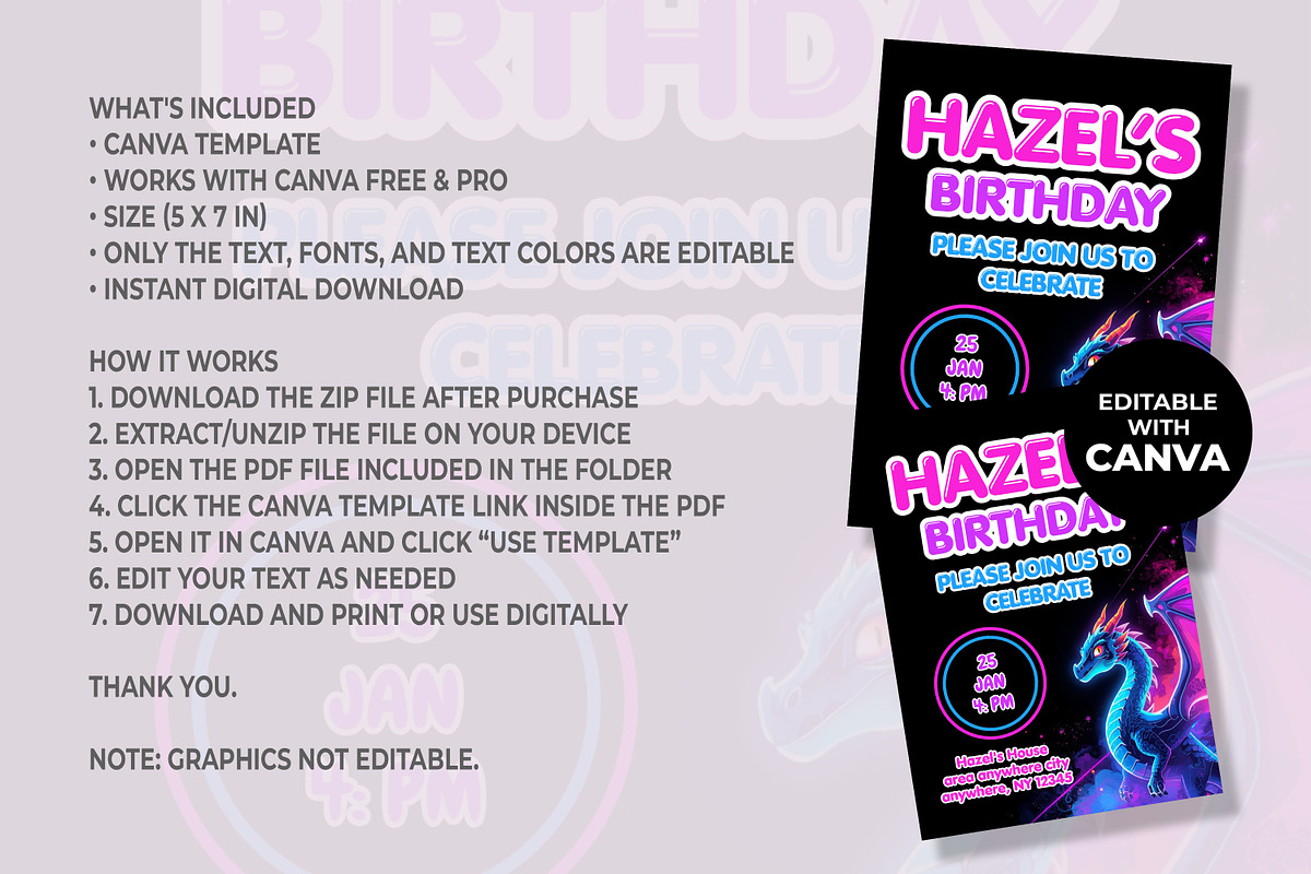 Neon Dragon Birthday Invitation, an Invitation Template by M9 Design (Photo 4 of 4)