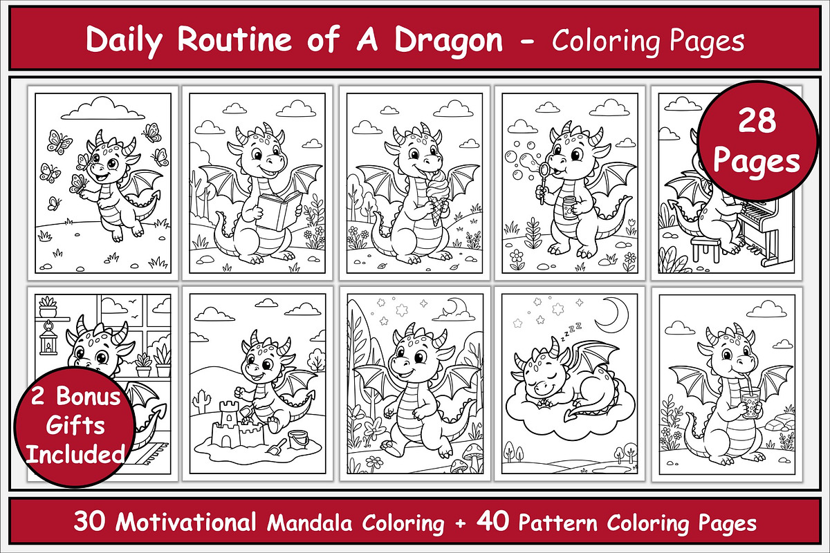 Dragon Daily Routine Coloring Pages, an Animal Illustration by Lamia Emad (Photo 1 of 5)