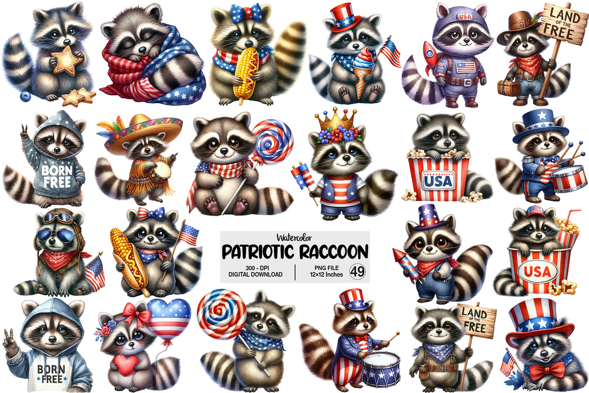 Cartoonish Patriotic Raccoon Clipart, an Illustration by Pixels.Craft (Photo 1 of 10)