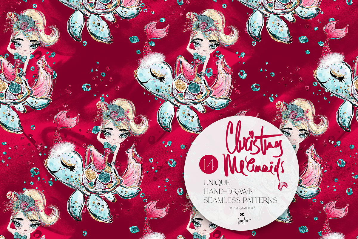Christmas Mermaids Seamless Patterns, a Pattern Graphic by KaramfilaS (Photo 5 of 19)