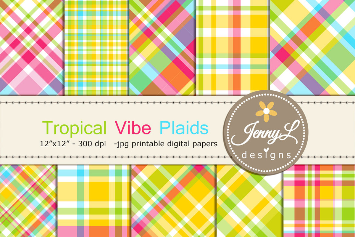 Tropical Plaid Digital Papers, a Pattern Graphic by JennyL Designs