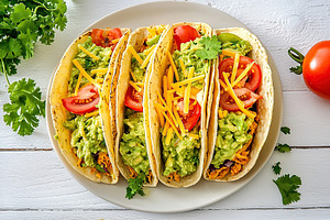 Vegetarian tacos with guacamole, cheese and tomatoes on a plate, a Food & Drink Photo by AlyaAnd