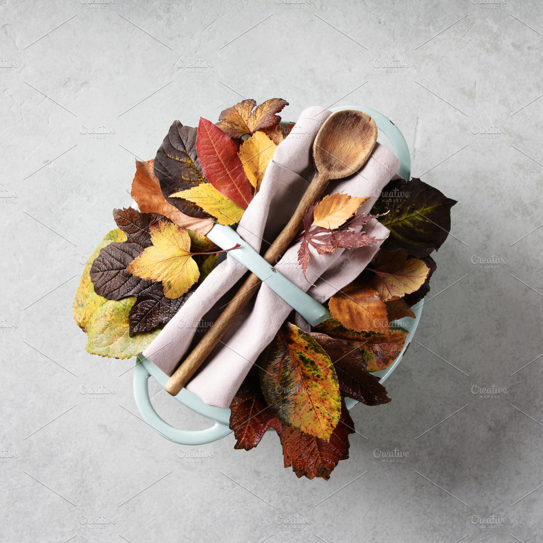 Autumn Kitchen Scene with Blue Pot, Spoon and Leaves, a Food & Drink Photo by Natalia Klenova's Shop