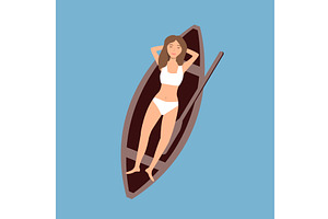 Top view of lying woman floating on, an Animal Illustration by Toltemara