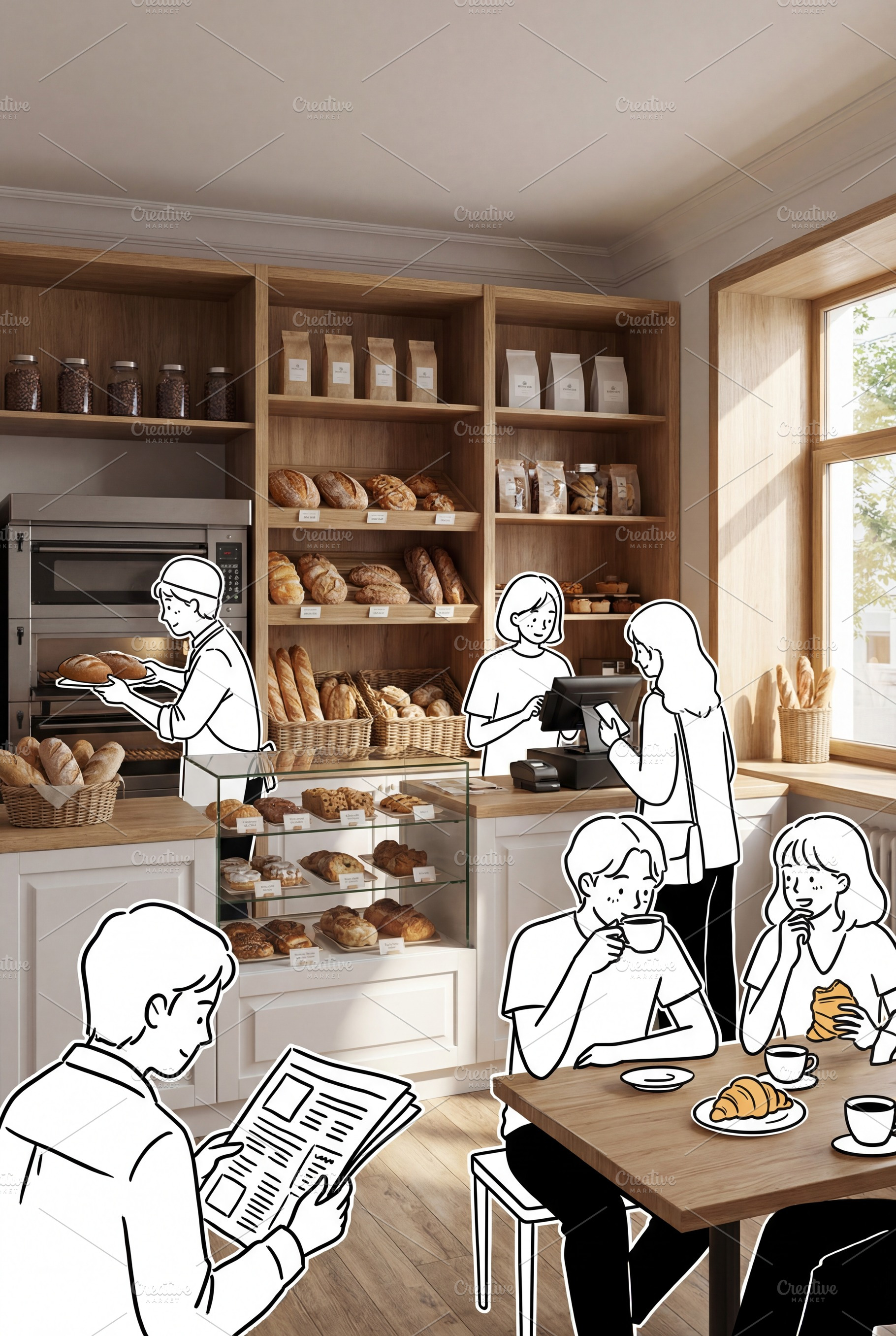 Bakery Scene with Illustrated People, a Business Photo by Virgo Studio