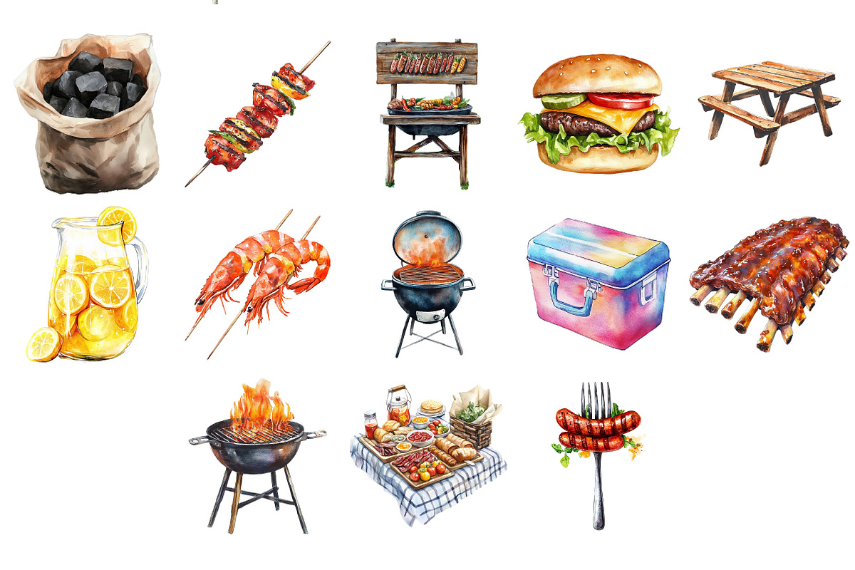 Watercolor Bbq Barbecue Clipart, an Illustration by Daily.Designs
