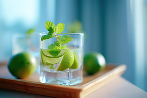 Refreshing mint and lime drink served in a glass on a wooden tray in bright ind, a Food & Drink Photo by AlyaAnd