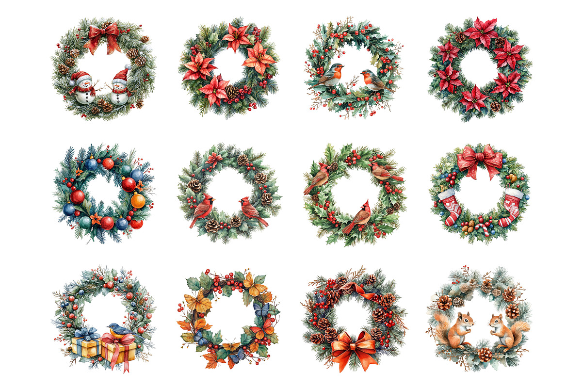 Watercolor Christmas Wreath Clipart, an Illustration by SinaCreation (Photo 2 of 7)