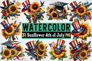 Watercolor Sunflower 4th of July Su, an Illustration by SVGArt
