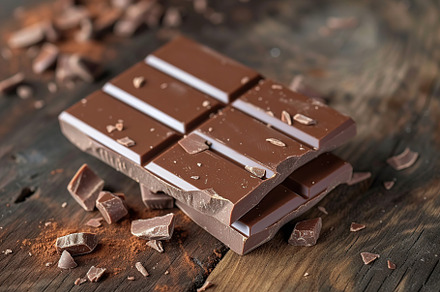 Milk chocolate bar on wooden background, a Food & Drink Photo by AlyaAnd